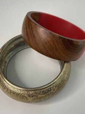 Lot of 2 Bangle Bracelets Dark Wood & Gold Tone Textured Metal Stacking Boho Set